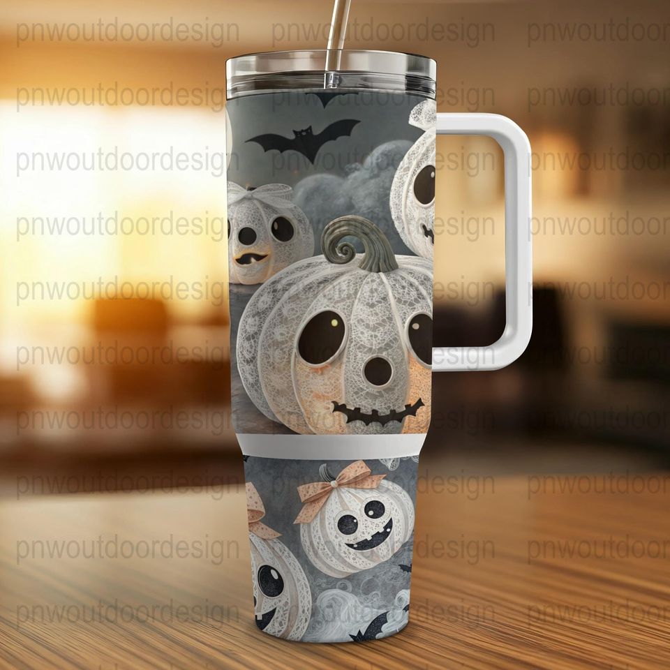 Halloween Tumbler Wrap: Spooky Pumpkin & Ghosts, 40oz Sublimation Design
