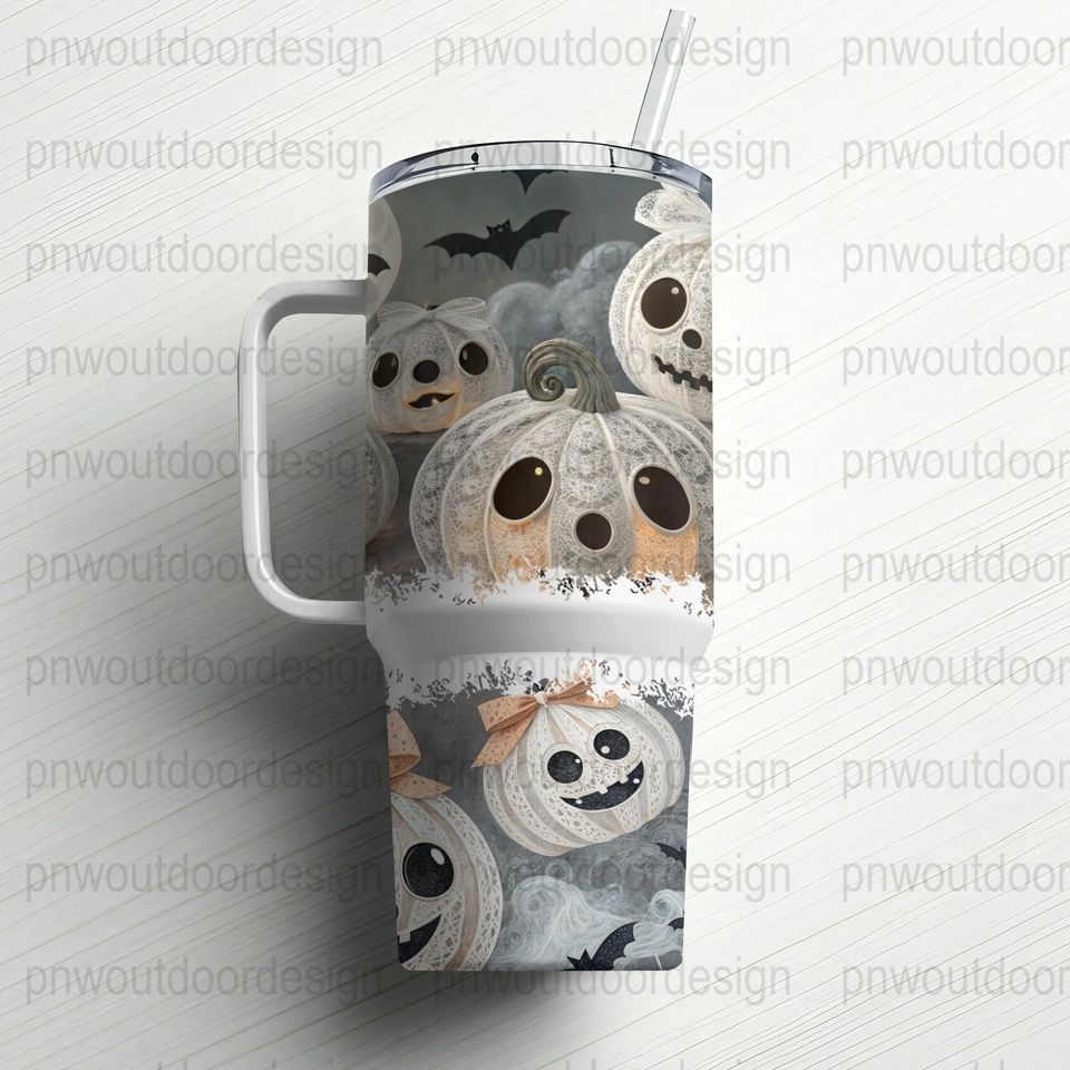 Halloween Tumbler Wrap: Spooky Pumpkin & Ghosts, 40oz Sublimation Design