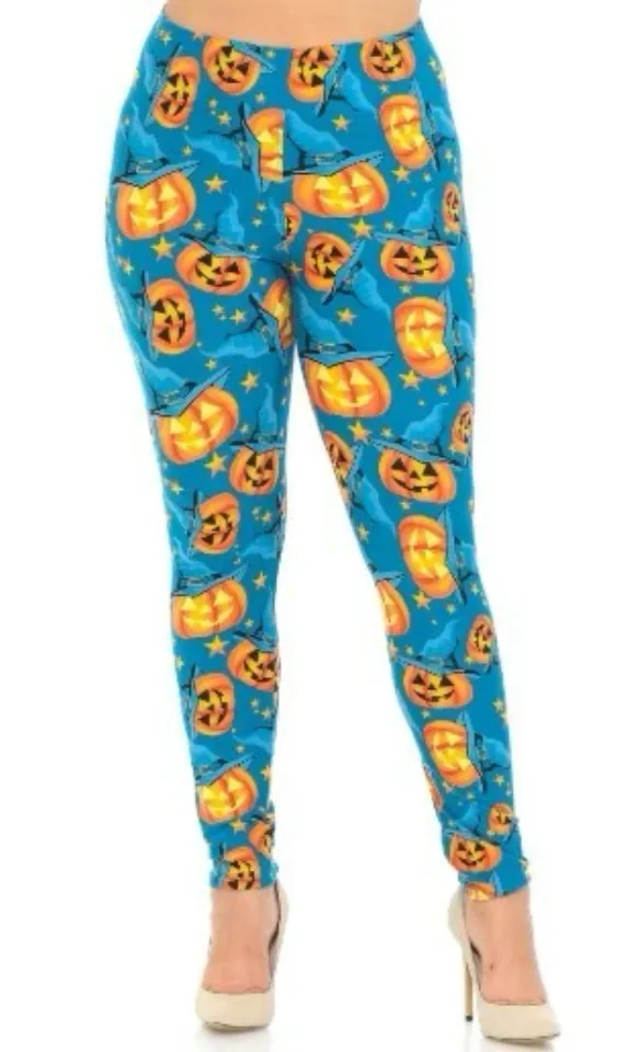 Buttery Soft Blue and Evil Pumpkins Halloween Leggings