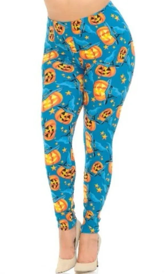 Buttery Soft Blue and Evil Pumpkins Halloween Leggings