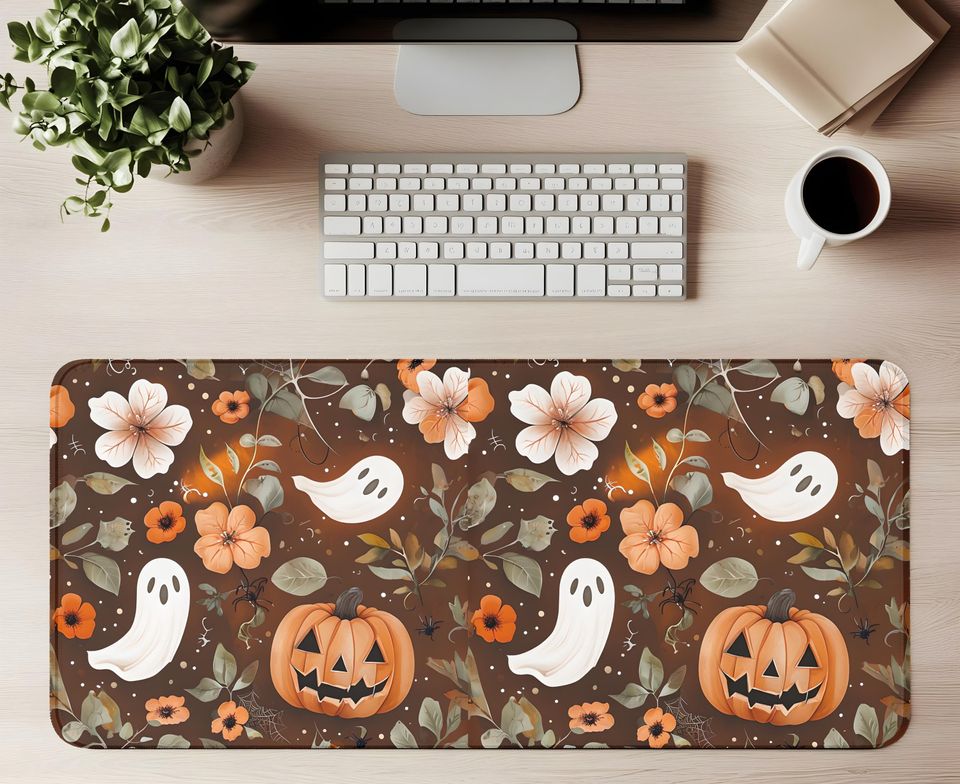 Cottagecore Halloween Desk Mat: Spooky Ghosts, Pumpkins & Flowers
