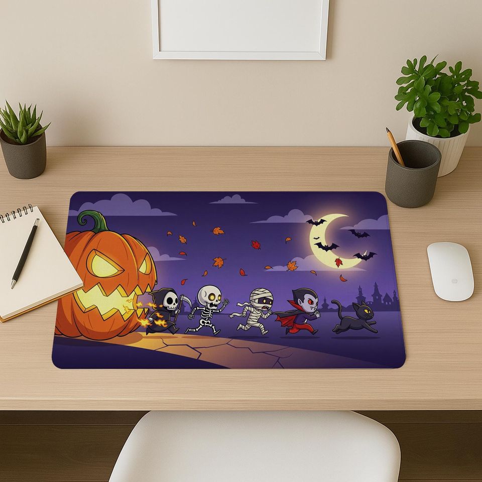 Halloween Desk Mat: Spooky Pumpkin, Skeleton & Vampire - Gothic Office Decor
