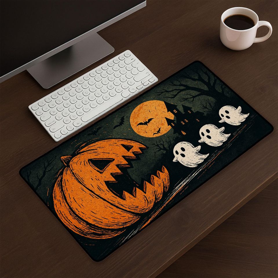 Halloween Pumpkin Ghosts Mousepad: Spooky Desk Mat, Autumn Decor