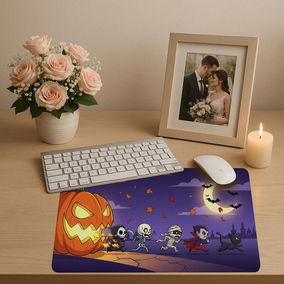 Halloween Desk Mat: Spooky Pumpkin, Skeleton & Vampire - Gothic Office Decor
