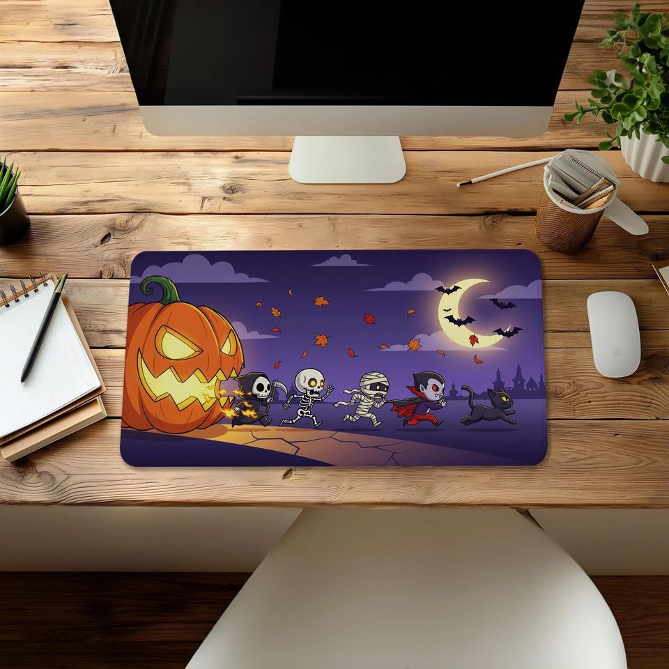 Halloween Desk Mat: Spooky Pumpkin, Skeleton & Vampire - Gothic Office Decor