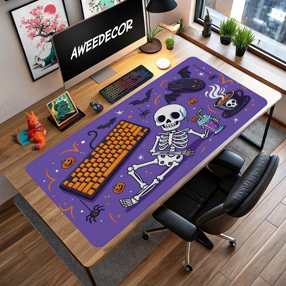 Halloween Desk Mat: Spooky Bats, Pumpkins & Coffee - Large Gaming Mouse Pad