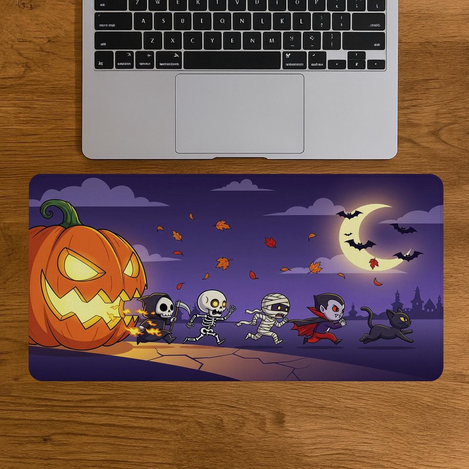 Halloween Desk Mat: Spooky Pumpkin, Skeleton & Vampire - Gothic Office Decor