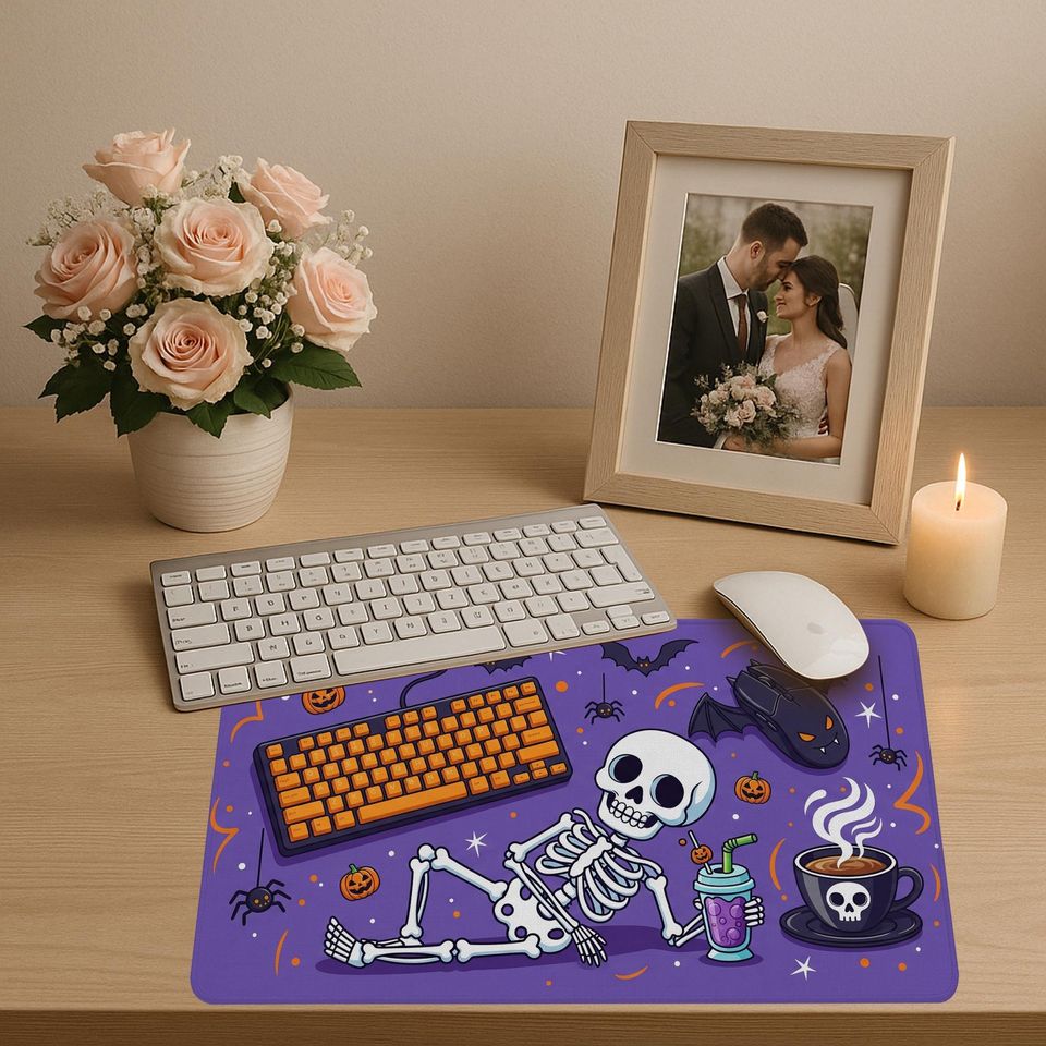 Halloween Desk Mat: Spooky Bats, Pumpkins & Coffee - Large Gaming Mouse Pad