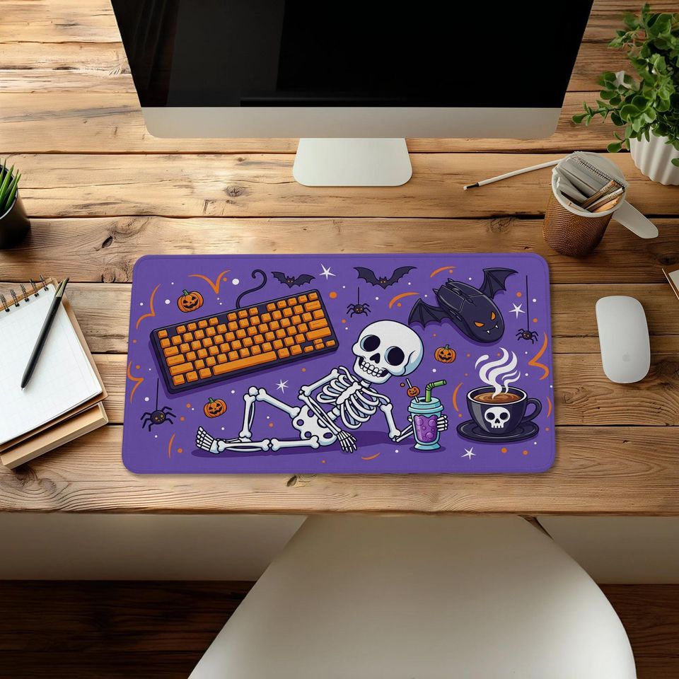 Halloween Desk Mat: Spooky Bats, Pumpkins & Coffee - Large Gaming Mouse Pad