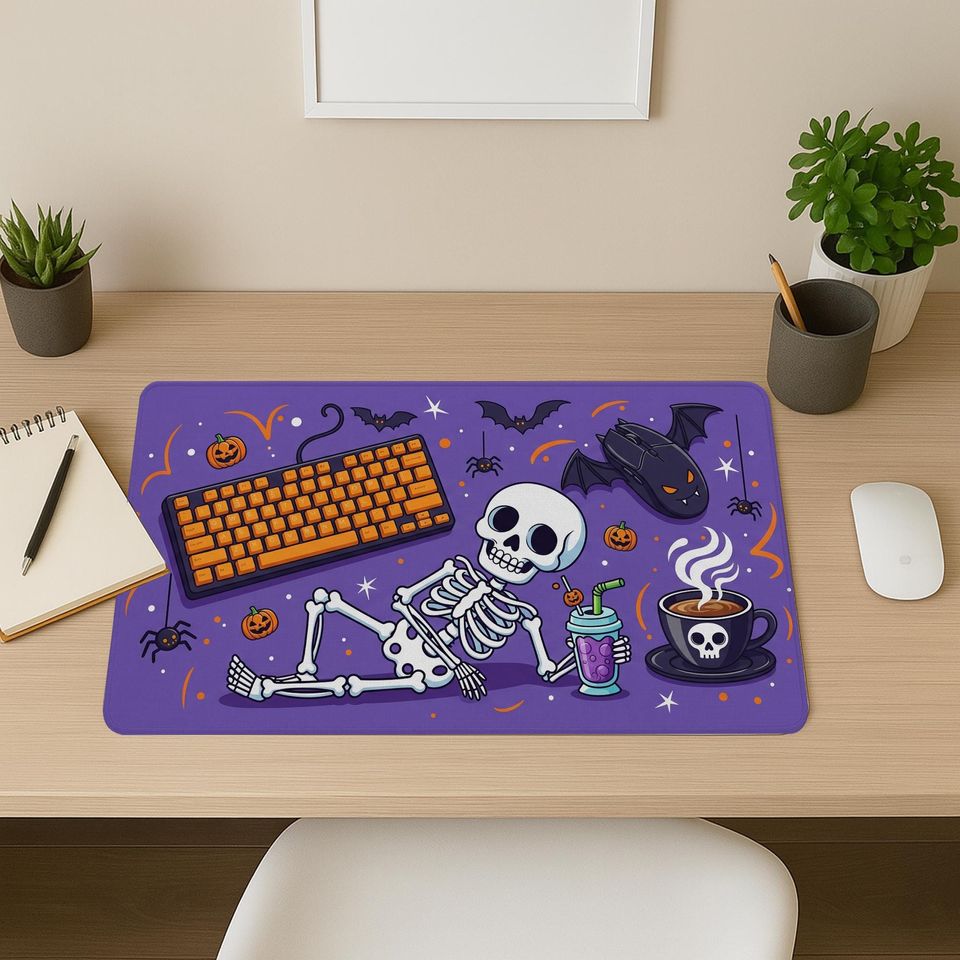 Halloween Desk Mat: Spooky Bats, Pumpkins & Coffee - Large Gaming Mouse Pad