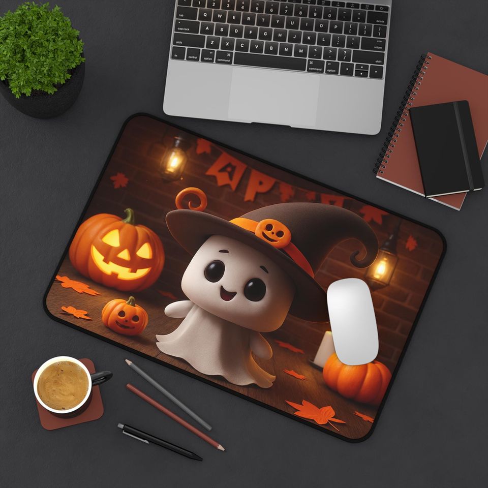 Ghost & Pumpkin Halloween Desk Mat: Spooky Cute Office Decor