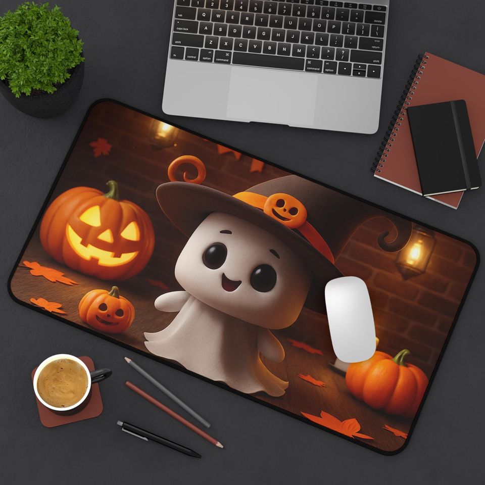 Ghost & Pumpkin Halloween Desk Mat: Spooky Cute Office Decor