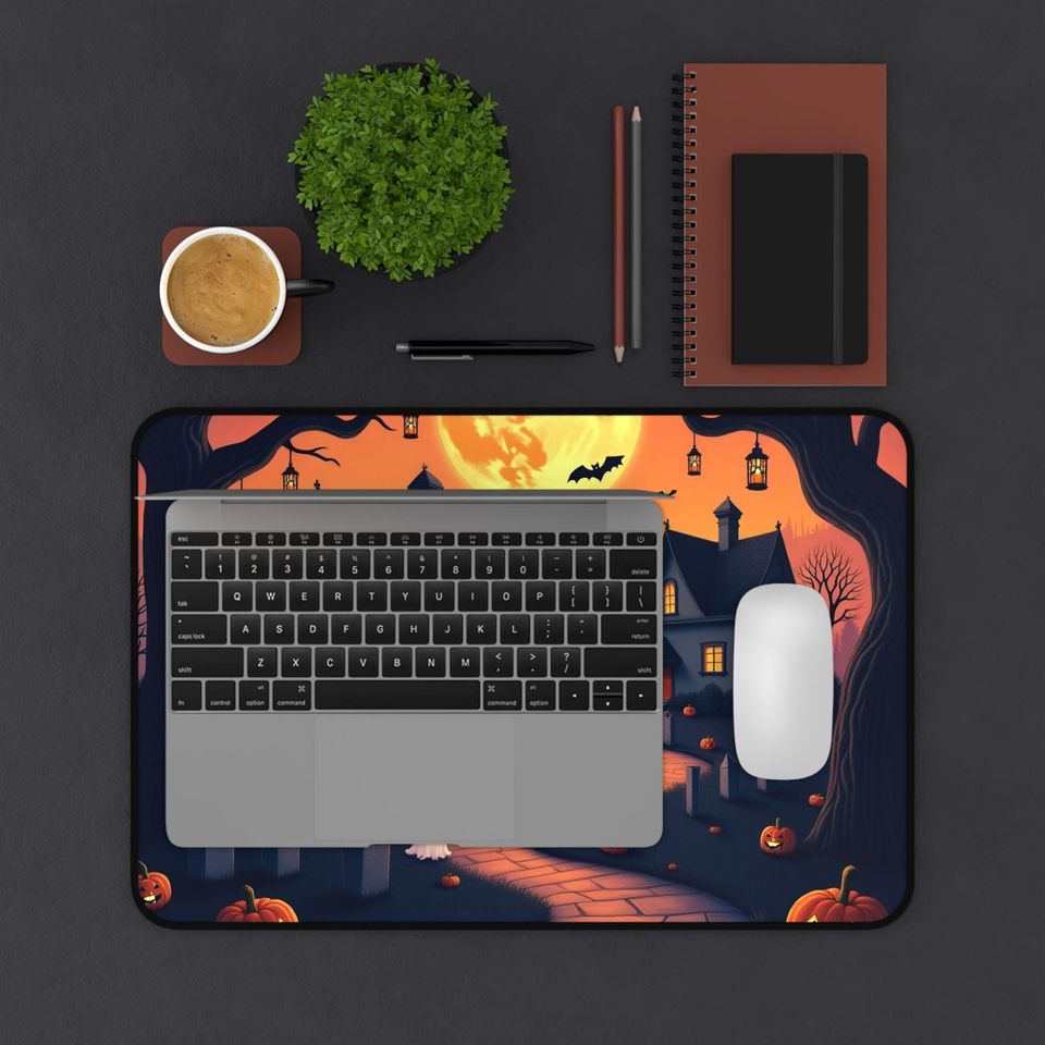 Halloween Desk Mat: Spooky Ghosts, Pumpkins, Neoprene Mousepad