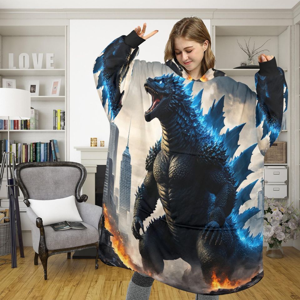 god zilla Blanket Hoodie Retro Kaiju Comics, Personalized Fleece