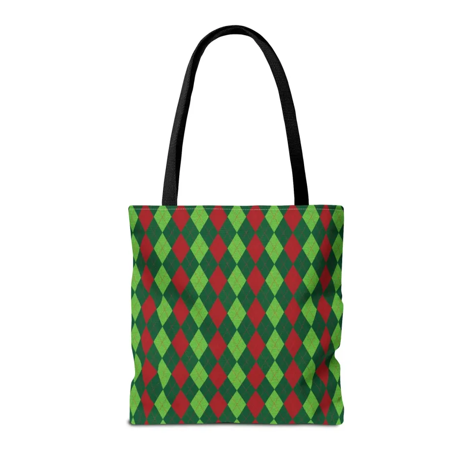 Christmas Argyle Tote Bag - Holiday Shoulder Bag, Xmas Plaid Shopping Bag
