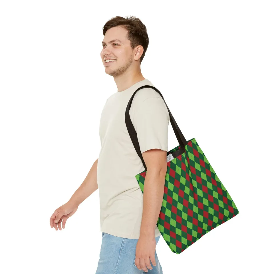 Christmas Argyle Tote Bag - Holiday Shoulder Bag, Xmas Plaid Shopping Bag