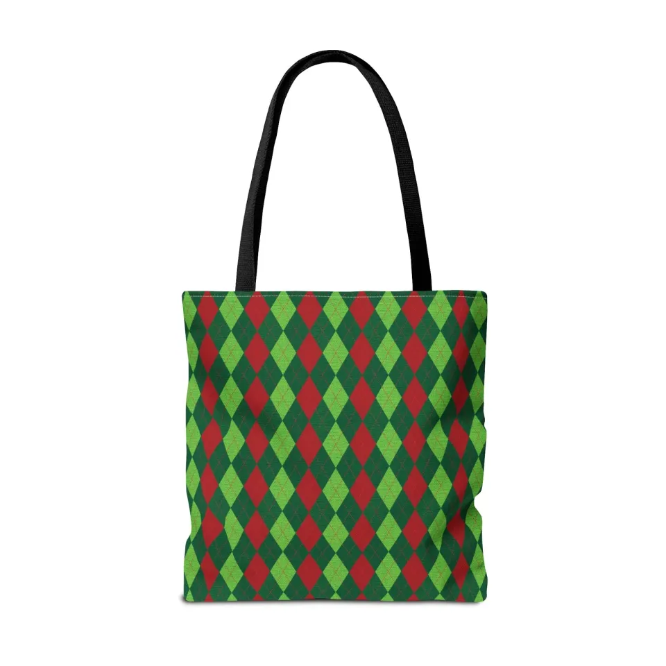 Christmas Argyle Tote Bag - Holiday Shoulder Bag, Xmas Plaid Shopping Bag