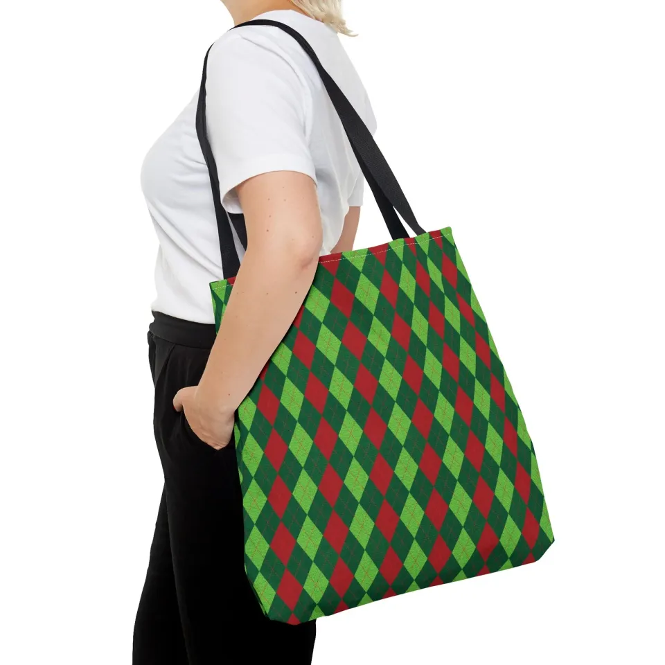 Christmas Argyle Tote Bag - Holiday Shoulder Bag, Xmas Plaid Shopping Bag