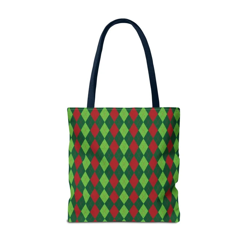 Christmas Argyle Tote Bag - Holiday Shoulder Bag, Xmas Plaid Shopping Bag
