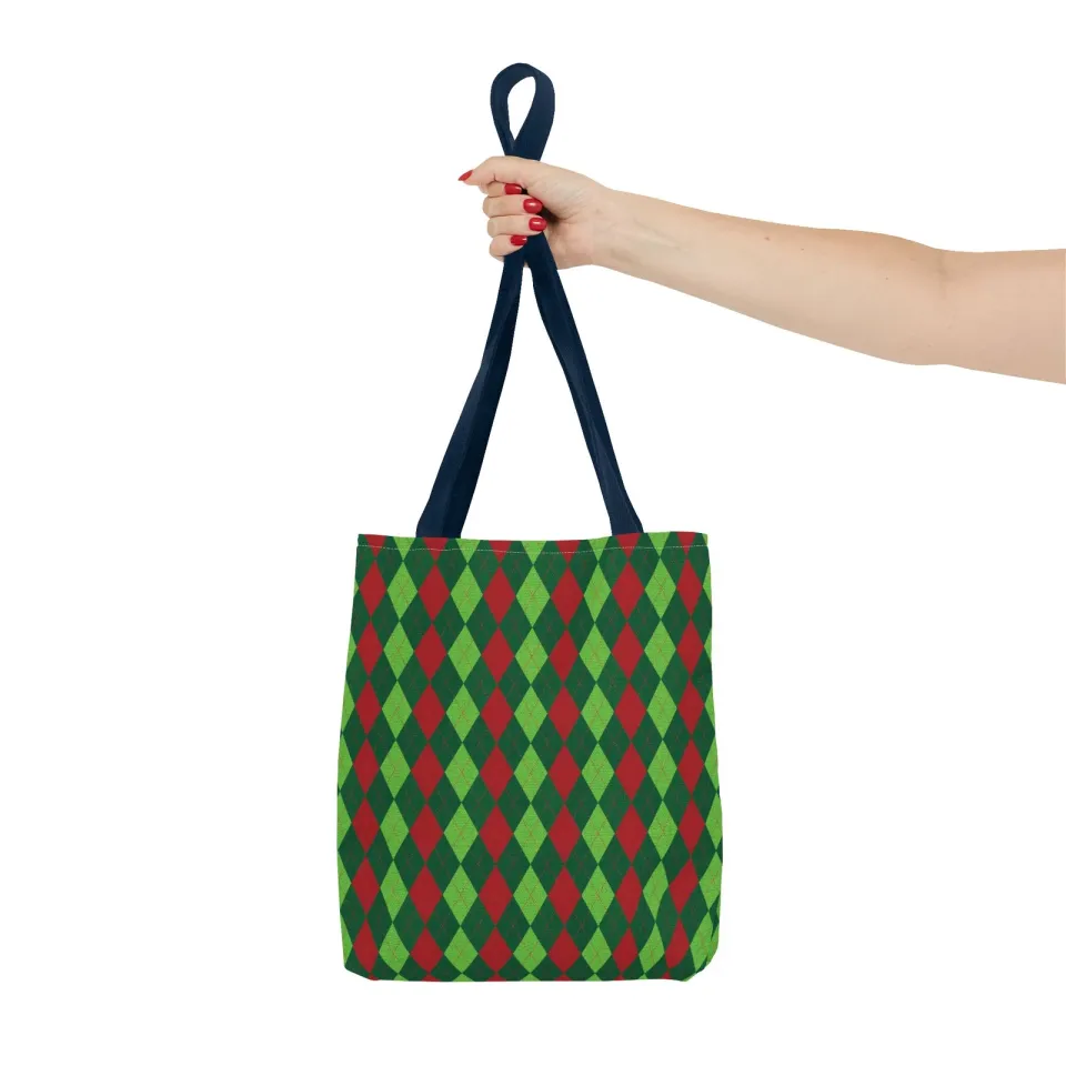 Christmas Argyle Tote Bag - Holiday Shoulder Bag, Xmas Plaid Shopping Bag