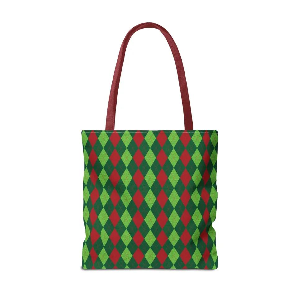 Christmas Argyle Tote Bag - Holiday Shoulder Bag, Xmas Plaid Shopping Bag