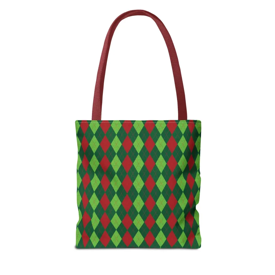 Christmas Argyle Tote Bag - Holiday Shoulder Bag, Xmas Plaid Shopping Bag