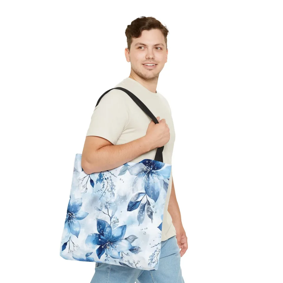 Light Blue Floral Tote Bag for Women, Spring Blossom Pattern