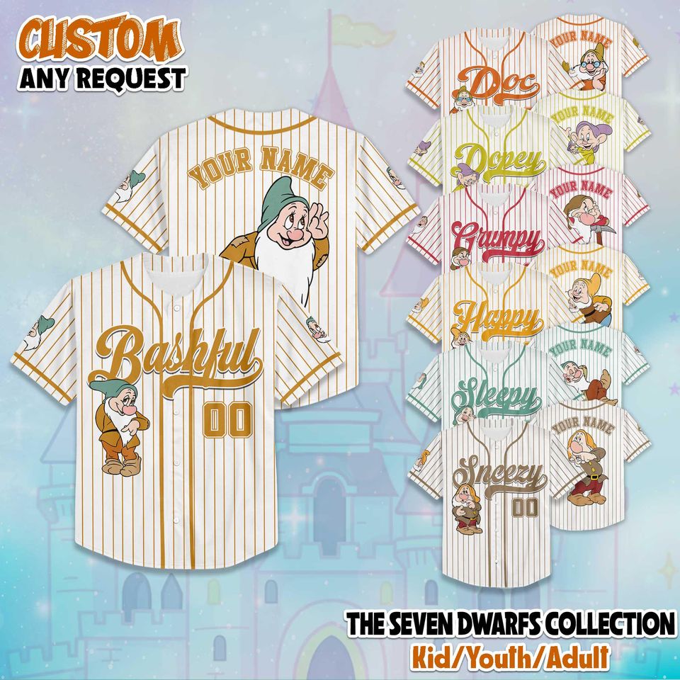 Personalized Disney The Seven Dwarfs Baseball Jersey, Custom Seven Dwarfs Jersey
