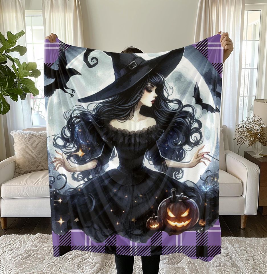 Pretty Witch Halloween Blanket, Plush Throw, Cozy Fall Decor