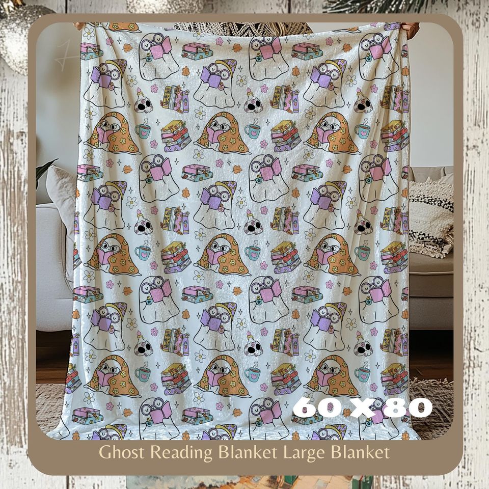 Halloween Ghost Fleece Blanket with Cute Reading Design