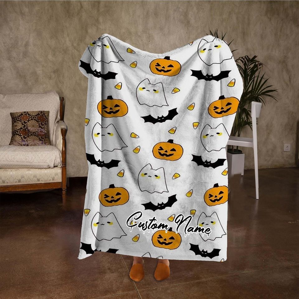 Personalized Pumpkin & Ghost Halloween Fleece Blanket, Fall Decor, Housewarming Gift
