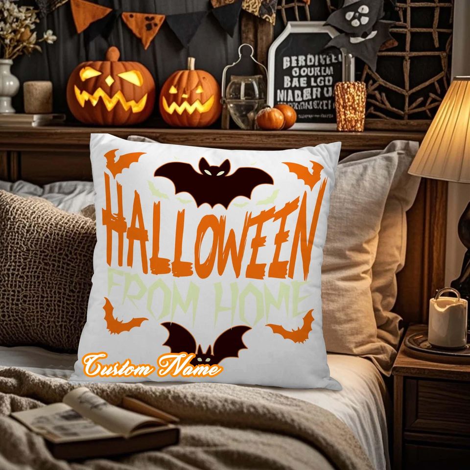 Personalized Halloween Throw Pillow Cover, Halloween From Home Spooky Night Bat, Custom Pillowcases for Sofa Bedroom, Halloween Pillow Gift.