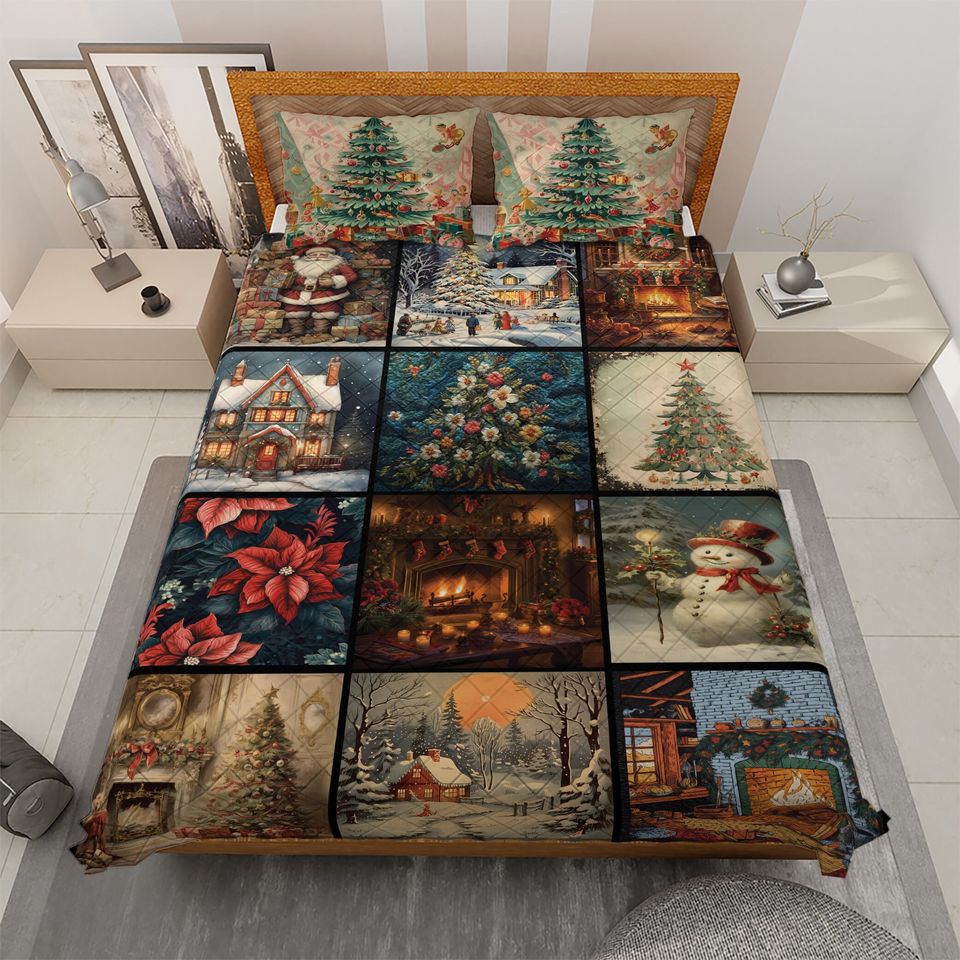 Vintage Christmas Collage Quilt Bedding Set: Snowman, Tree, Fireplace