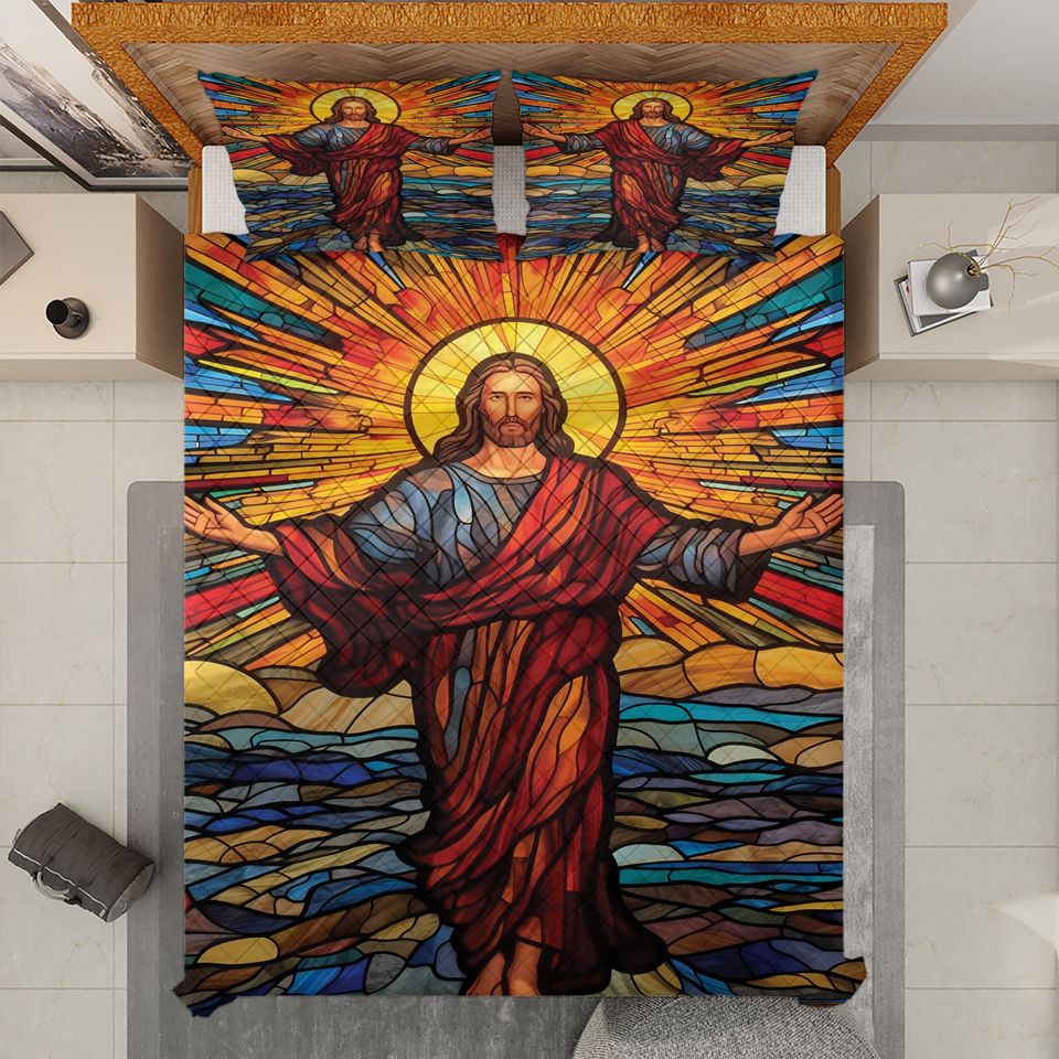 Retro Jesus Christ Quilt Bedding Set: Vintage Christian Decor
