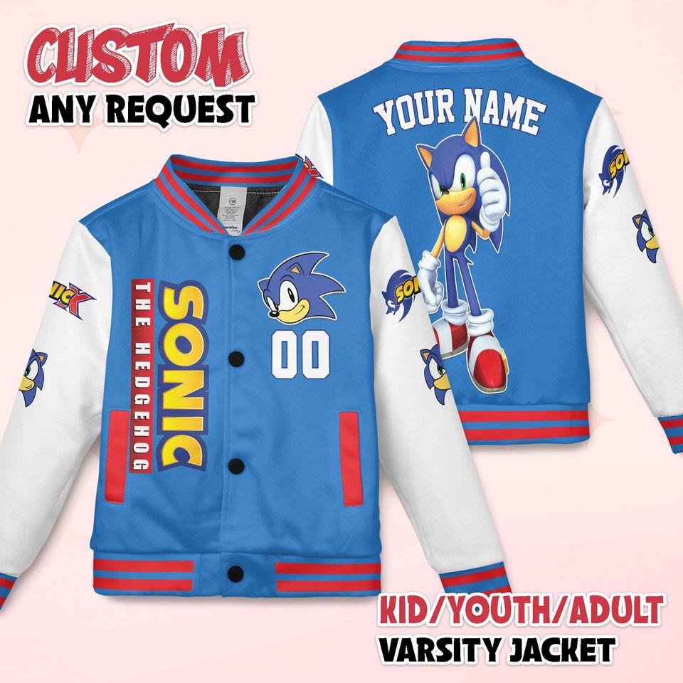 Custom Sonic Varsity Jacket, Personalized Sonic the Hedgehog Baseball Jacket