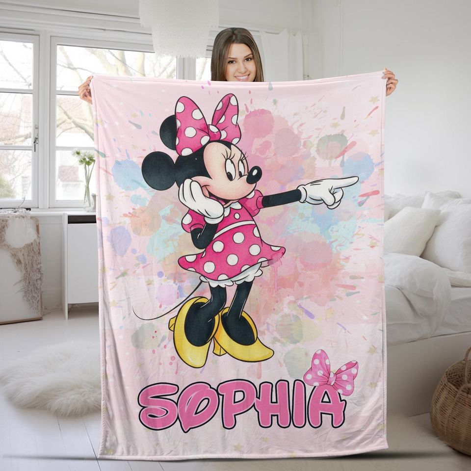 Personalized Disney Name Fleece Blanket with Minnie Character, Soft Cozy Quilt