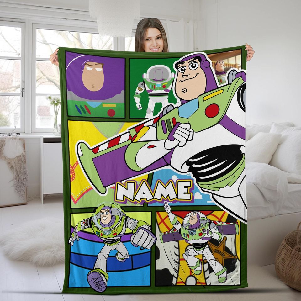 Personalized Buzz Lightyear Blanket, Custom Name Animated Character Plush Fleece Blanket