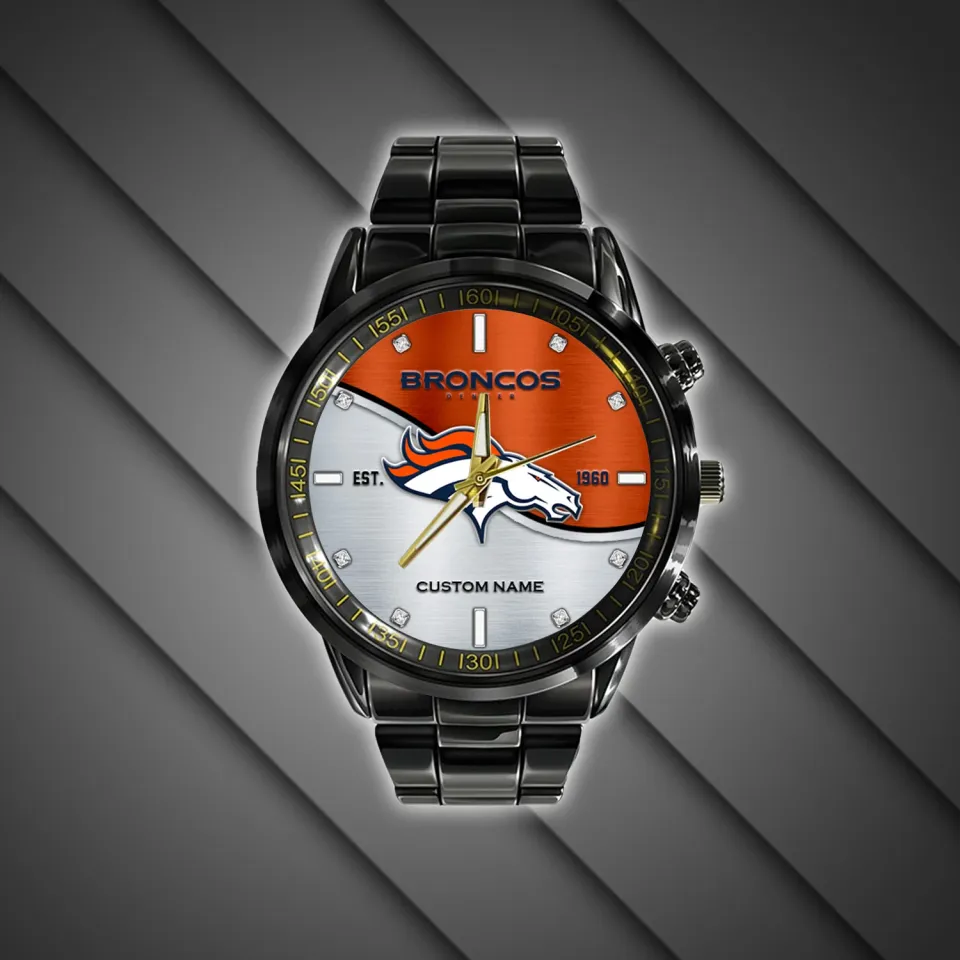 Denvers Team Broncos Football Black Stainless Steel Watch