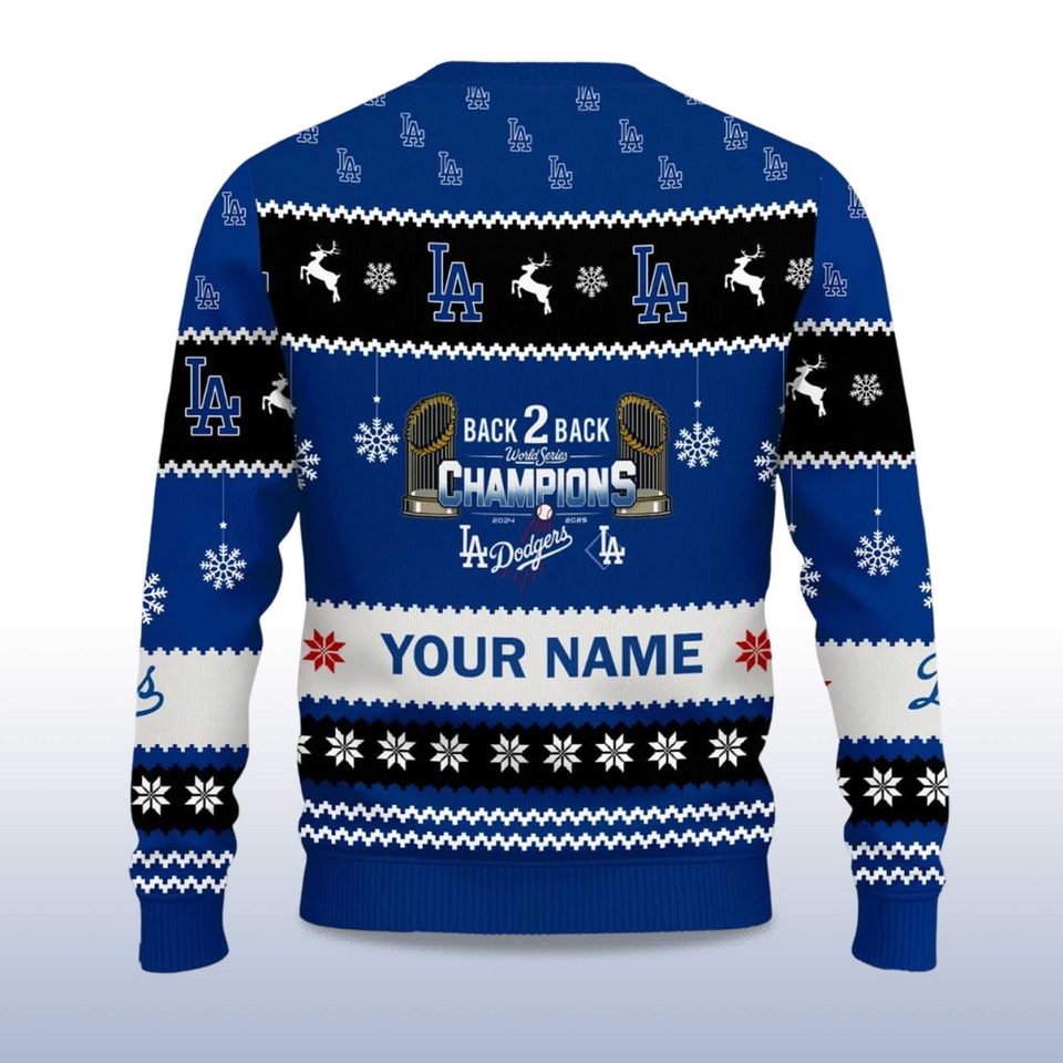 Custom Name Dodgers Back To Back World Series 2025 Champions Ugly Christmas Sweater