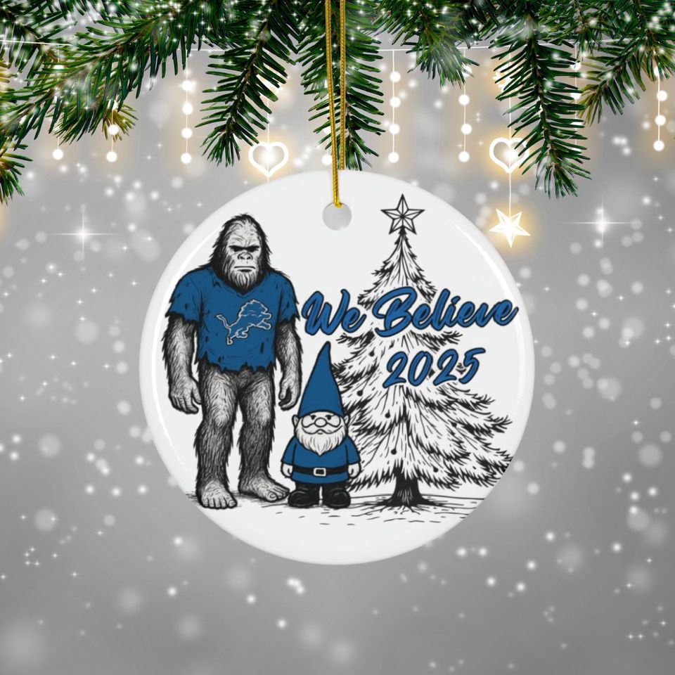 Detroit Football Big Foot and Gnome Believe Ornament, Lions Ornament