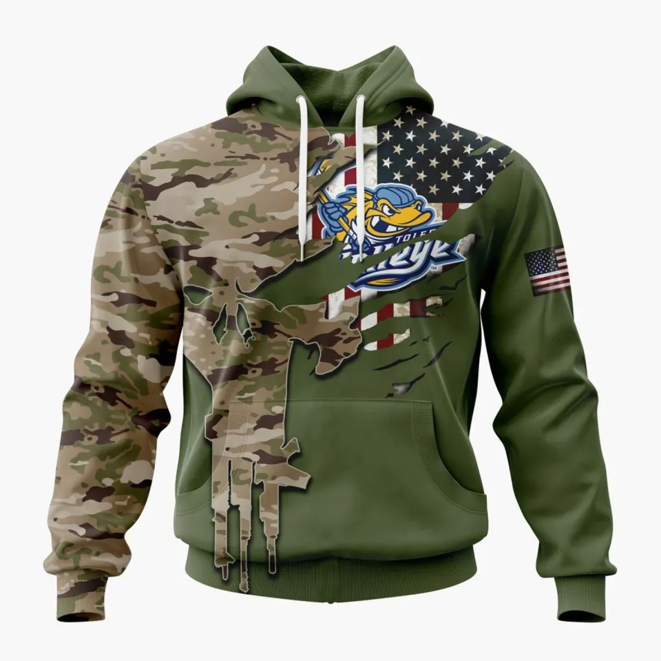 Personalized Toledo Walleye Skull Camo Veteran Hoodie