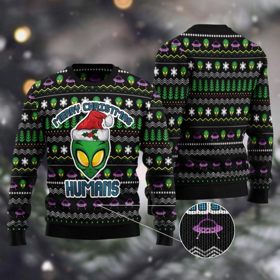 Alien Xenomorph Christmas Ugly Sweater, Merry Christmas Humans Sweater