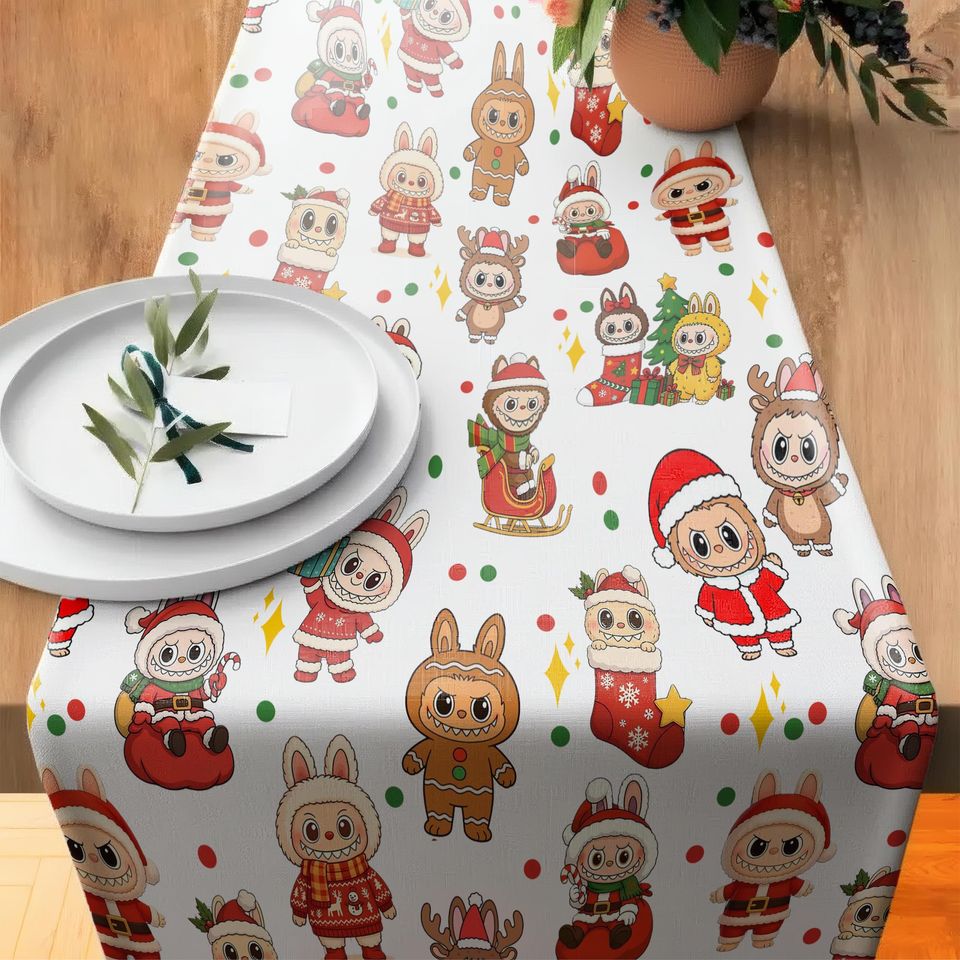 Labubu Christmas Table Runner, Funny Holiday Dining Decor, Kawaii Gingerbread Runner, Festive Kitchen Decoration