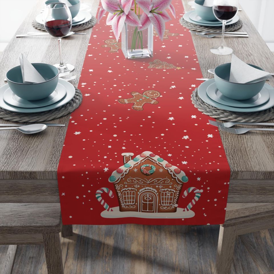 Gingerbread House Table Runner, Festive Christmas Decor