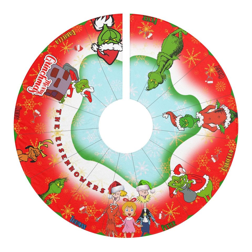 Personalized Grinchee Christmas Tree Skirt with Custom Name and Retro Grumpy Guy Design
