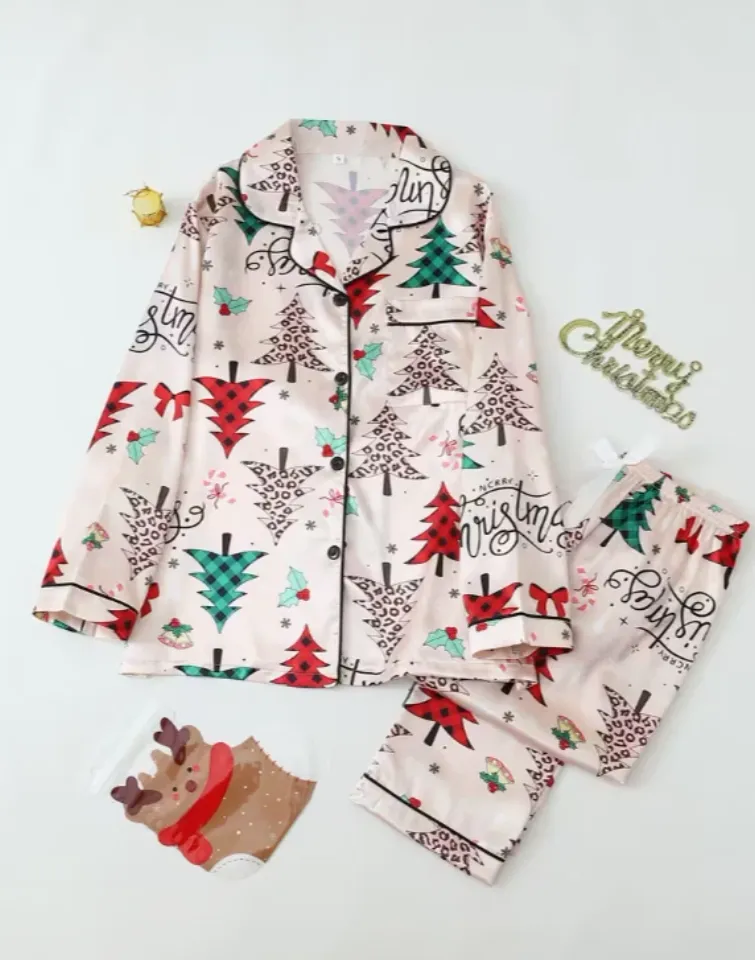 Elegant Women'S Christmas Tree Pattern Long Sleeve Pajamas Set