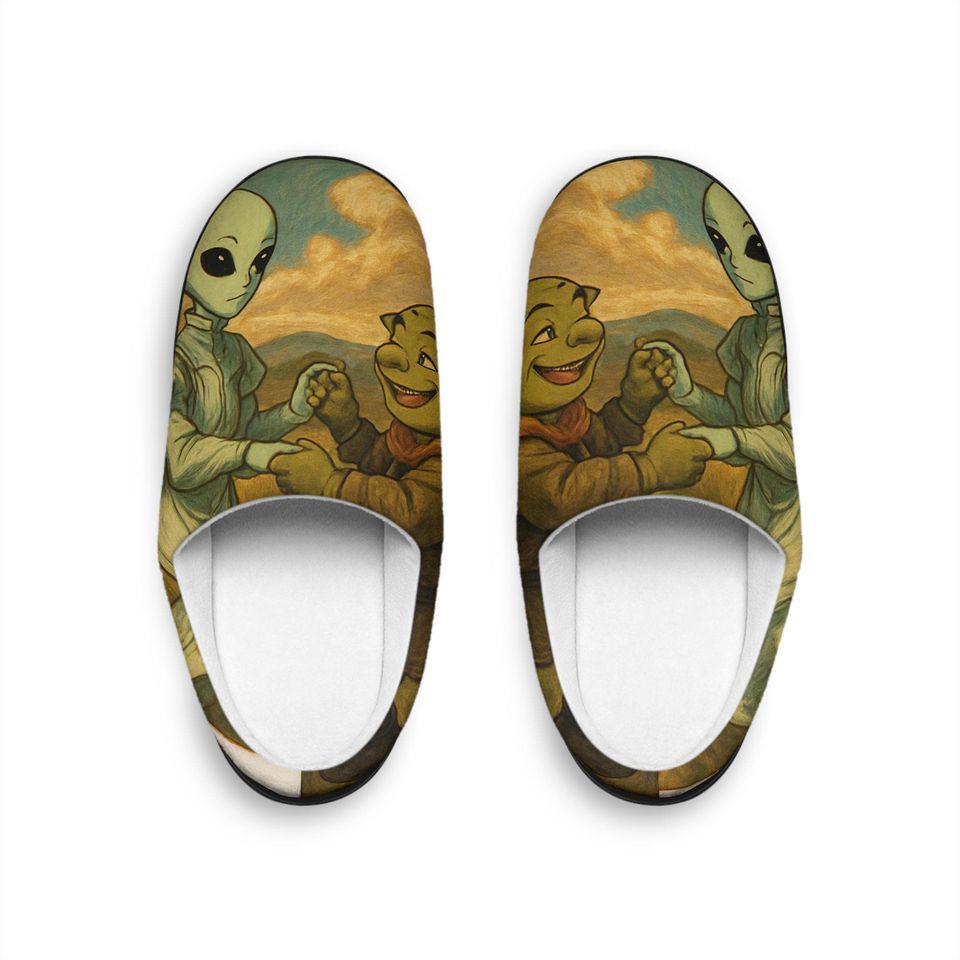 Alien and Frog Holding Hands Slippers | Retro Cute Space Illustration