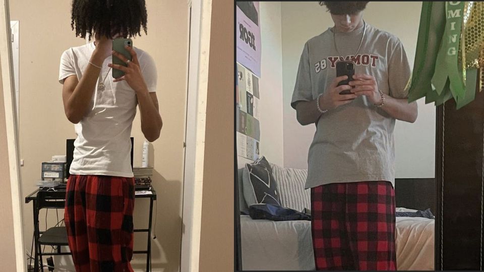 young boys wearing red plaid pajama pants and t-shirts