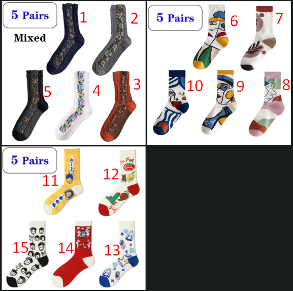 5 Pairs Graffiti Socks Personality Tide Funny Korean Version Mid Tube Couple Socks Harajuku Style Colorful Cute Flower Socks