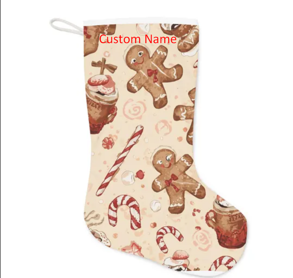 Personalized Gingerbread Christmas Stocking - Cozy Cottagecore Holiday Decor | Whimsical Candy Cane & Hot Cocoa Pattern